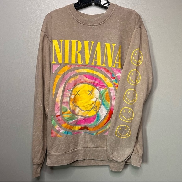 Nirvana Oversized Cream & Rainbow Tie Dye Sweatshirt Unisex Crew Neck Size Small - Picture 2 of 11